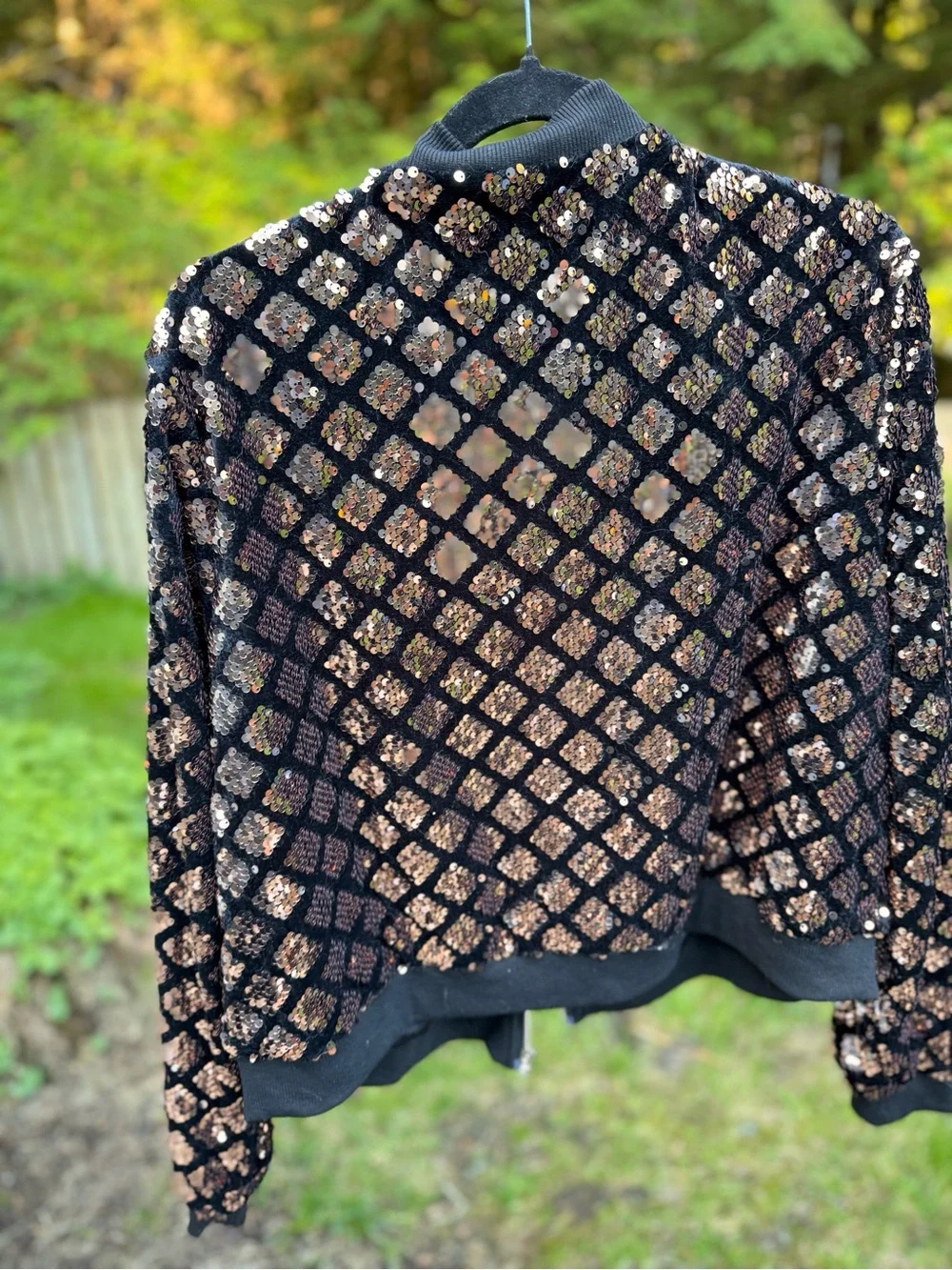 Embellished Black Bomber Jacket with Rose Gold Sequins - Picture 4 of 4